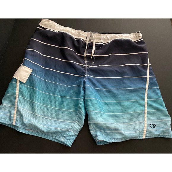 OP Fully Lined Mens Swim Trunks Shorts‎ Striped Ombre Size 2XL Plus 44-46 Logo - Picture 1 of 8